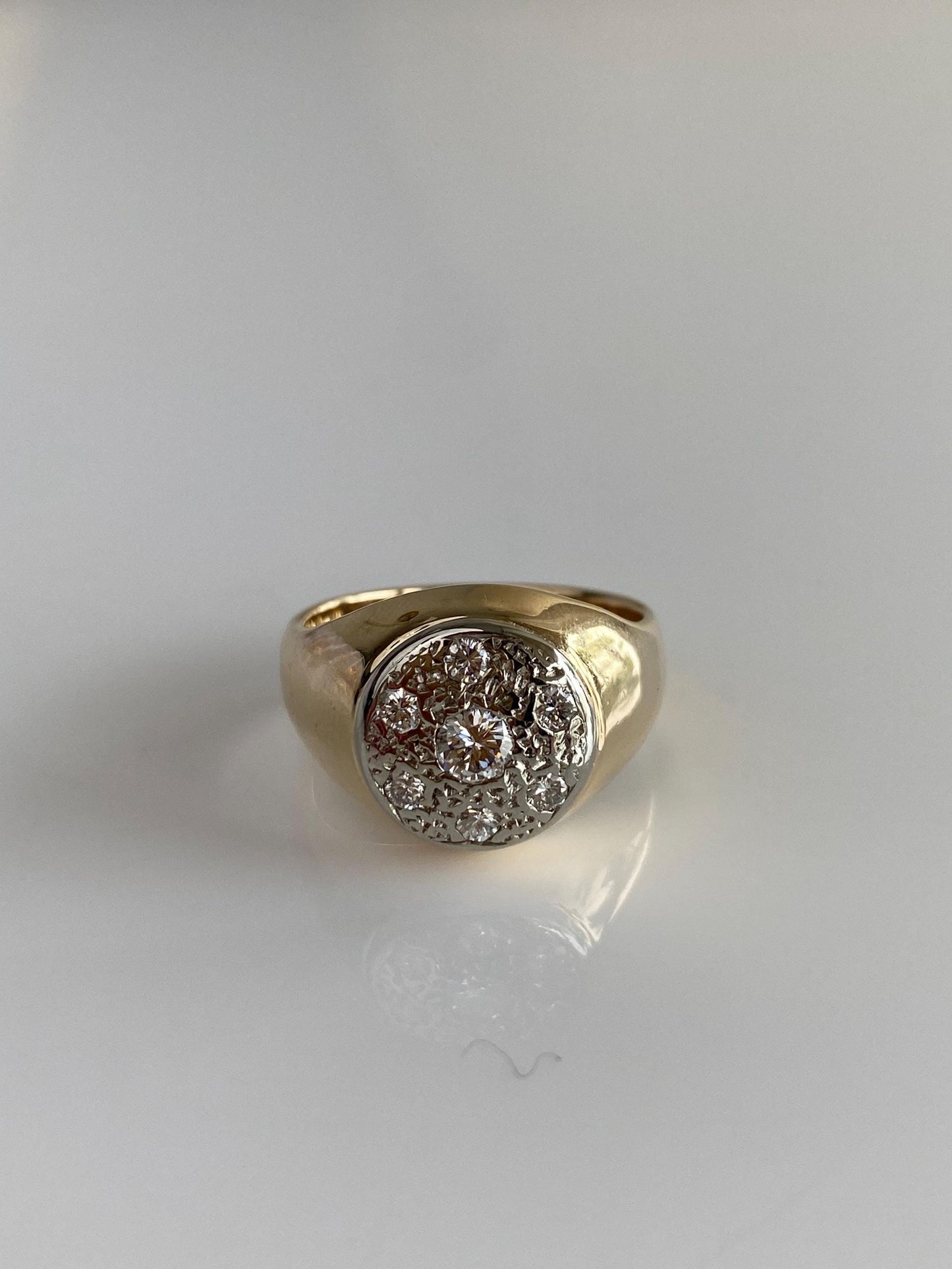Vintage Solid 10k White & Yellow Gold Diamond Signet Ring - Size 7