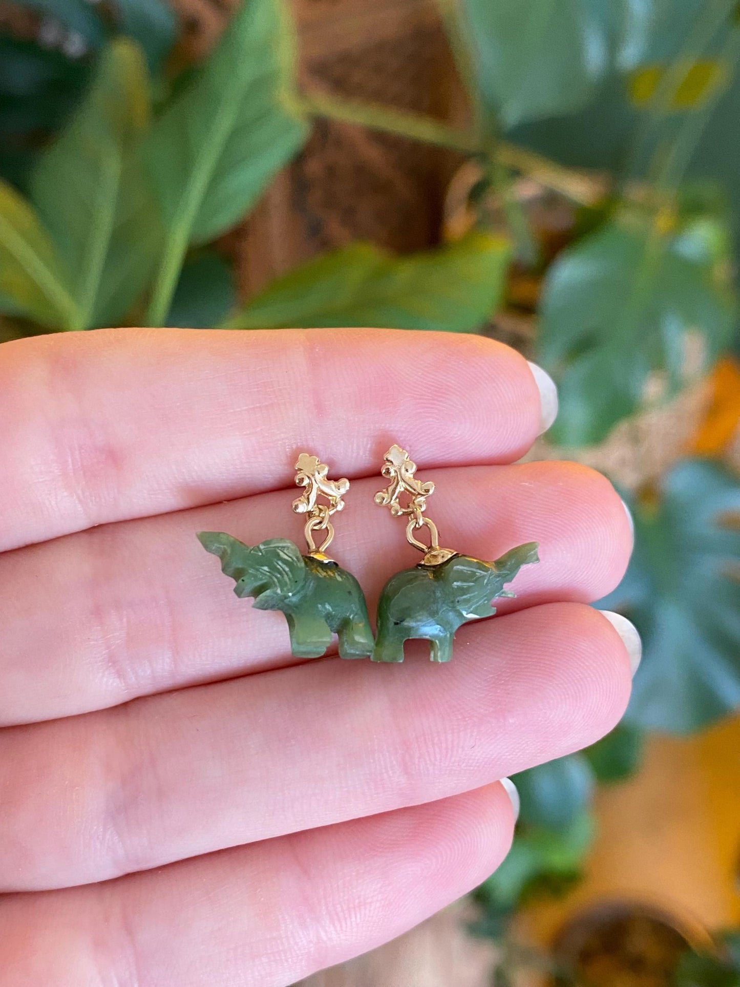 Solid 14k Yellow Gold Carved Nephrite Elephant Dangle Stud Earrings