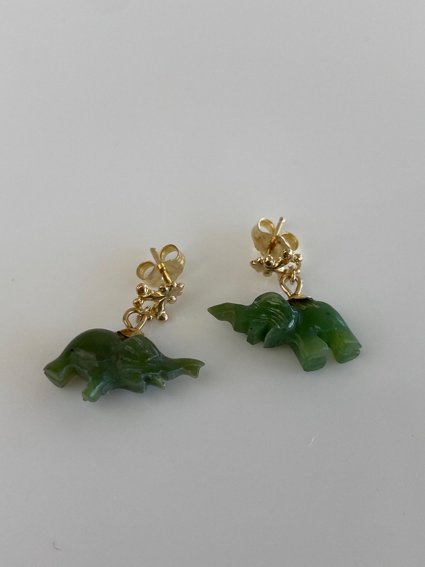 Solid 14k Yellow Gold Carved Nephrite Elephant Dangle Stud Earrings