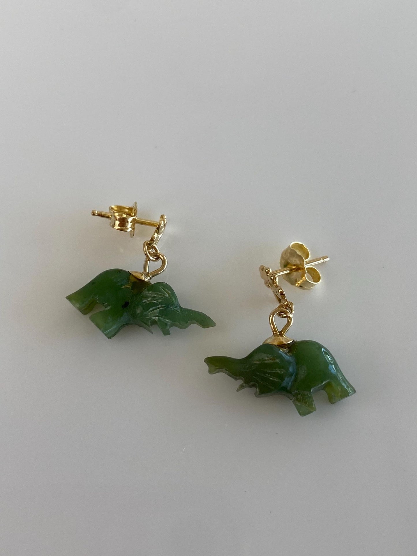Solid 14k Yellow Gold Carved Nephrite Elephant Dangle Stud Earrings