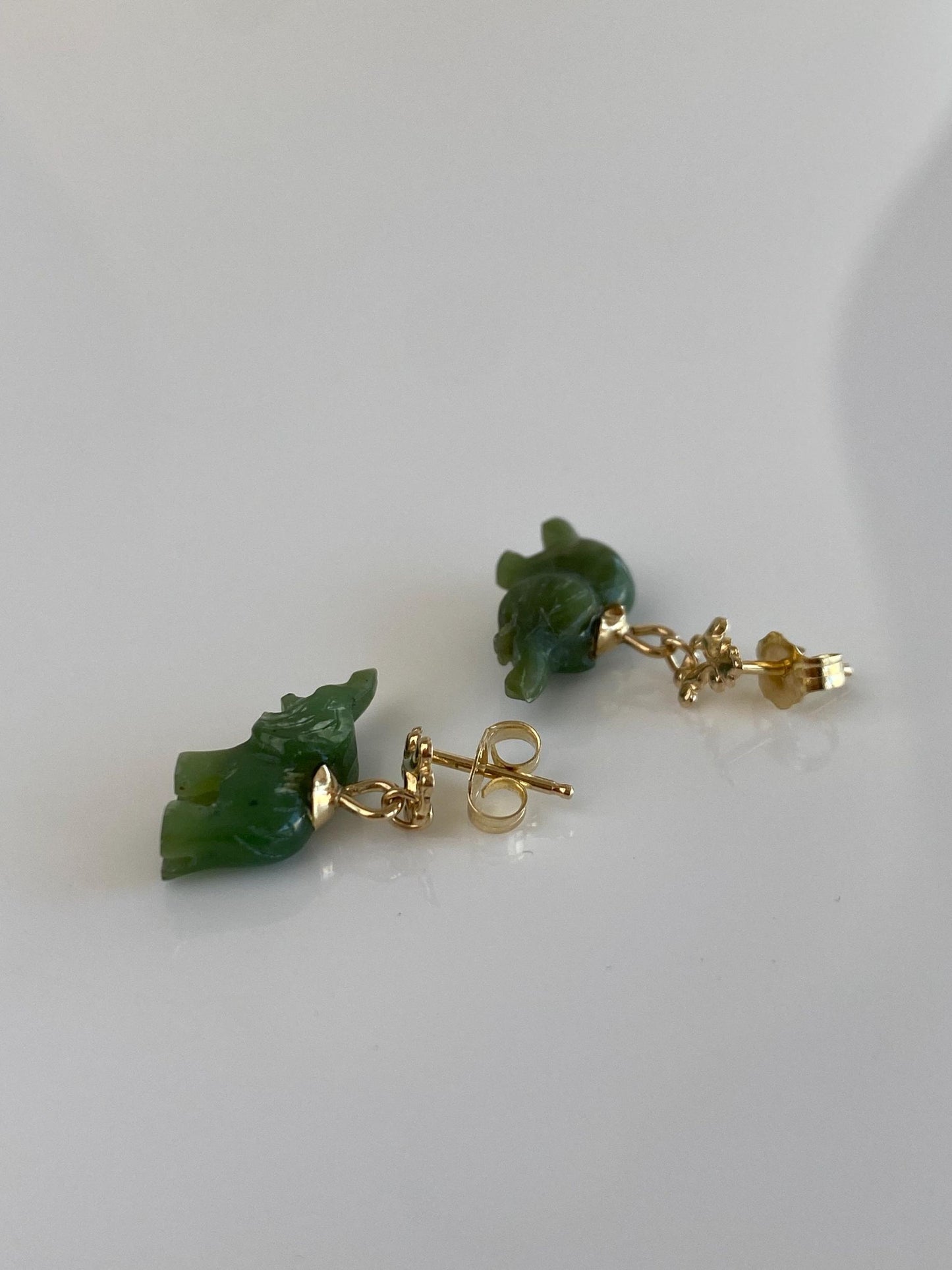 Solid 14k Yellow Gold Carved Nephrite Elephant Dangle Stud Earrings