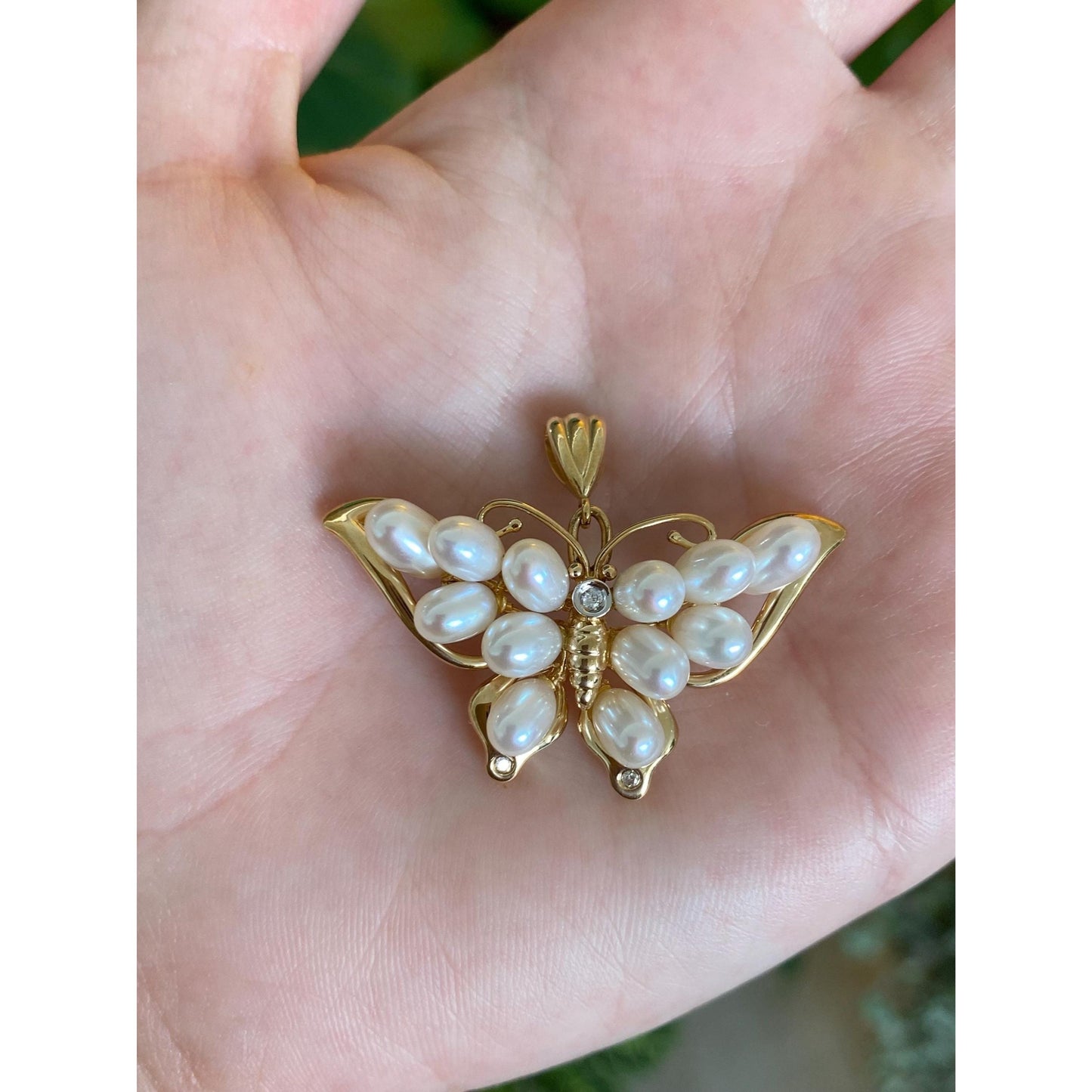 Vintage Solid 14k Yellow Gold Diamond Pearls Butterfly Charm