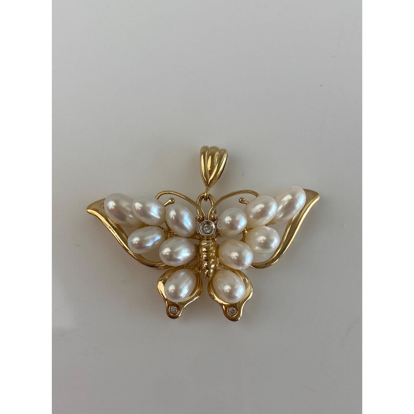 Vintage Solid 14k Yellow Gold Diamond Pearls Butterfly Charm