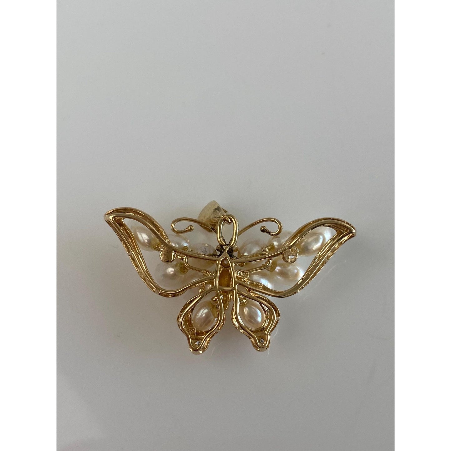 Vintage Solid 14k Yellow Gold Diamond Pearls Butterfly Charm