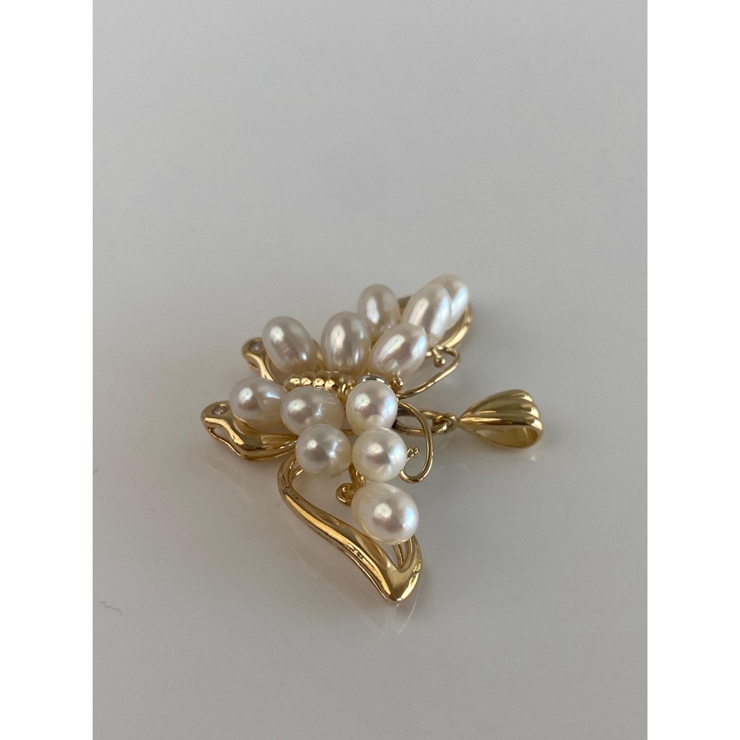 Vintage Solid 14k Yellow Gold Diamond Pearls Butterfly Charm