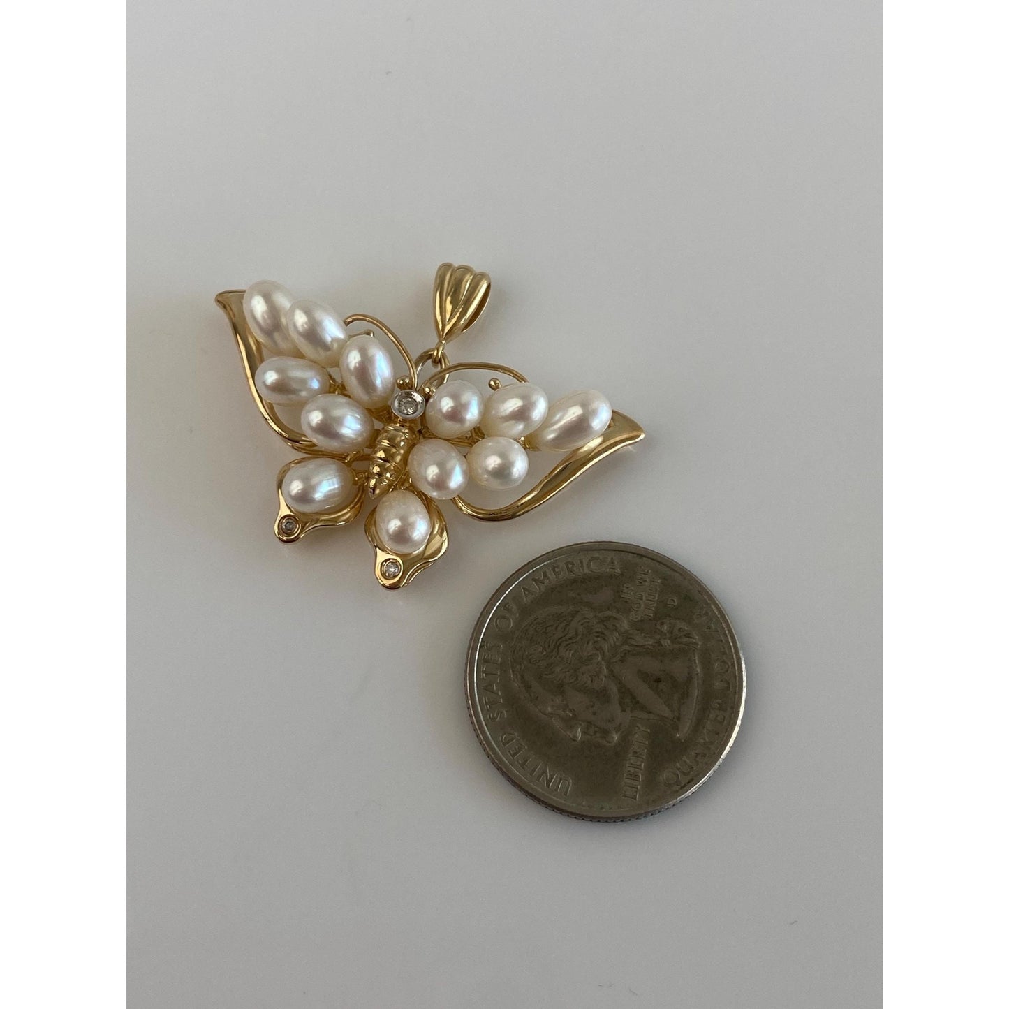 Vintage Solid 14k Yellow Gold Diamond Pearls Butterfly Charm