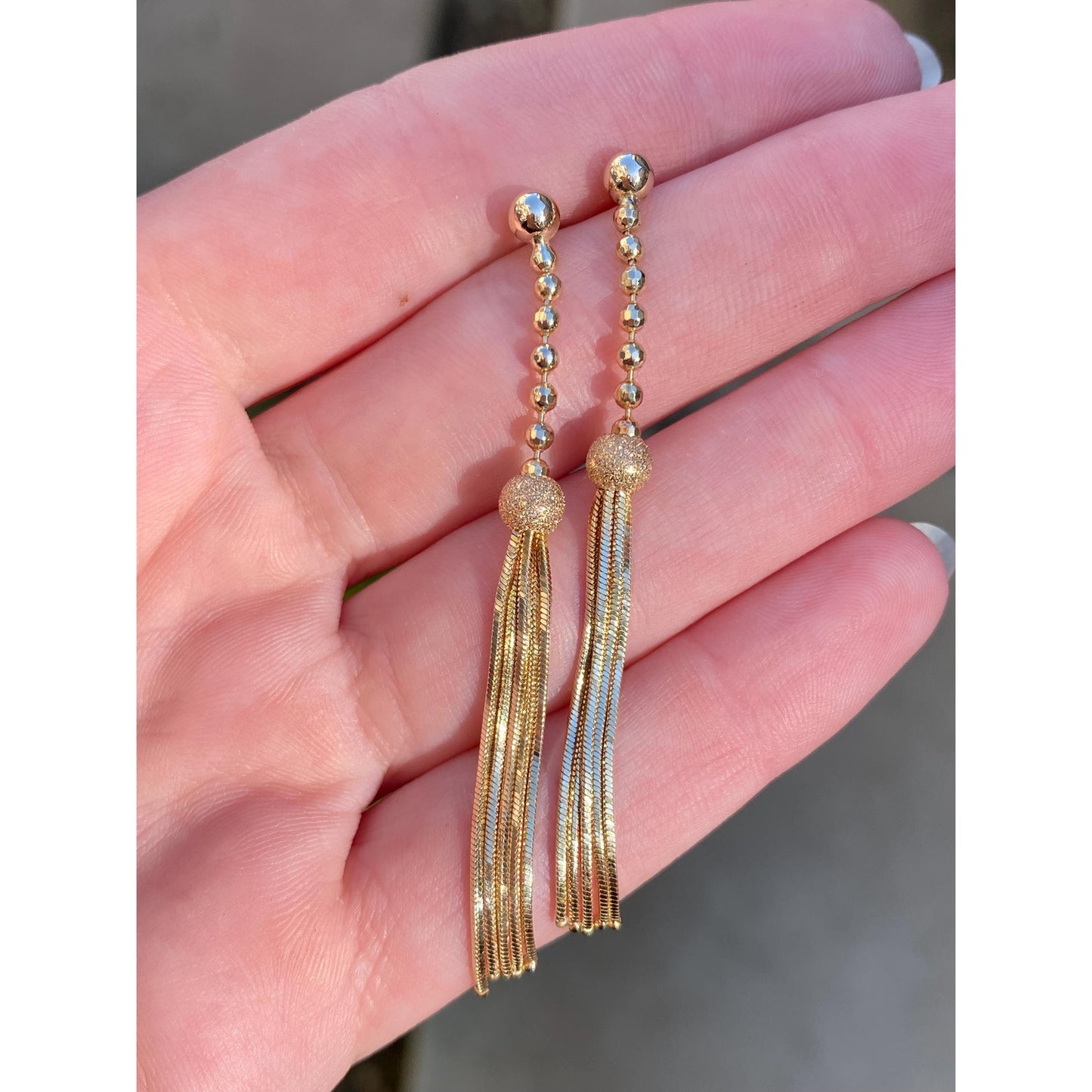 Vintage 14k Yellow Gold Textured Faceted Ball Chain Fringe Stud Earrings