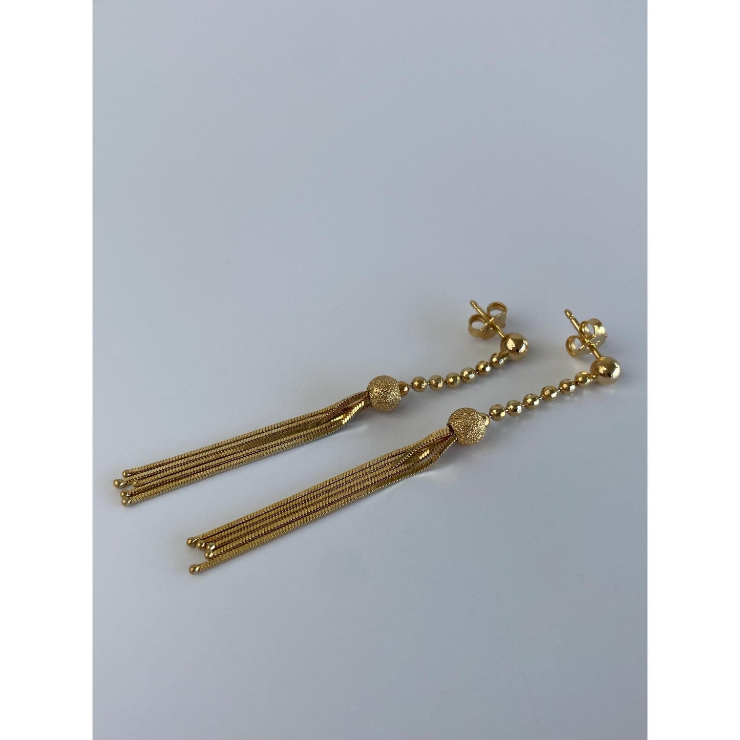 Vintage 14k Yellow Gold Textured Faceted Ball Chain Fringe Stud Earrings