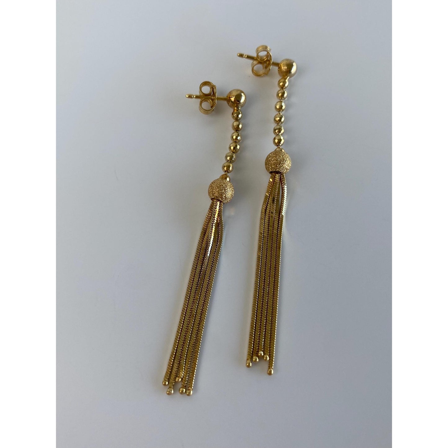 Vintage 14k Yellow Gold Textured Faceted Ball Chain Fringe Stud Earrings