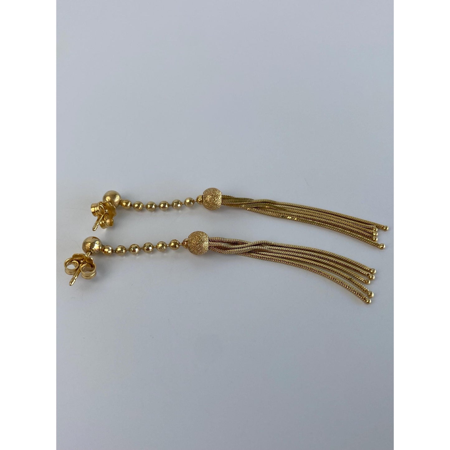 Vintage 14k Yellow Gold Textured Faceted Ball Chain Fringe Stud Earrings