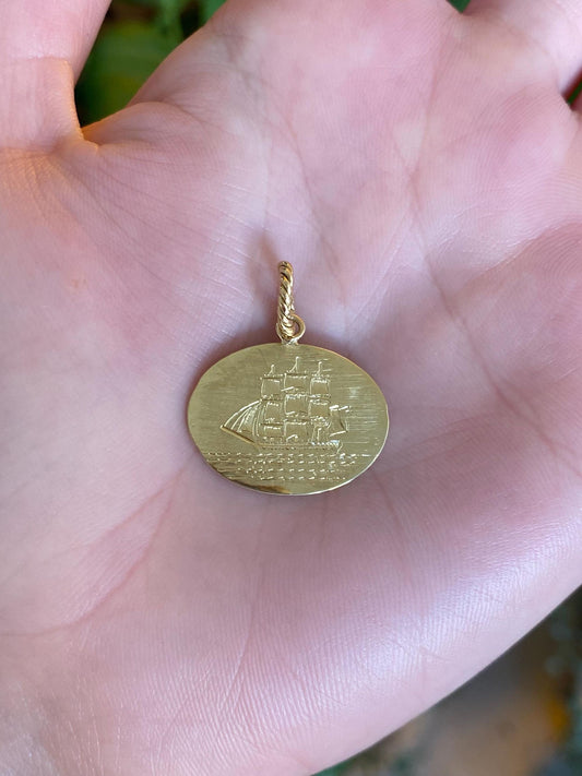 Vintage Solid 18k Yellow Gold Engraved Sailboat Charm