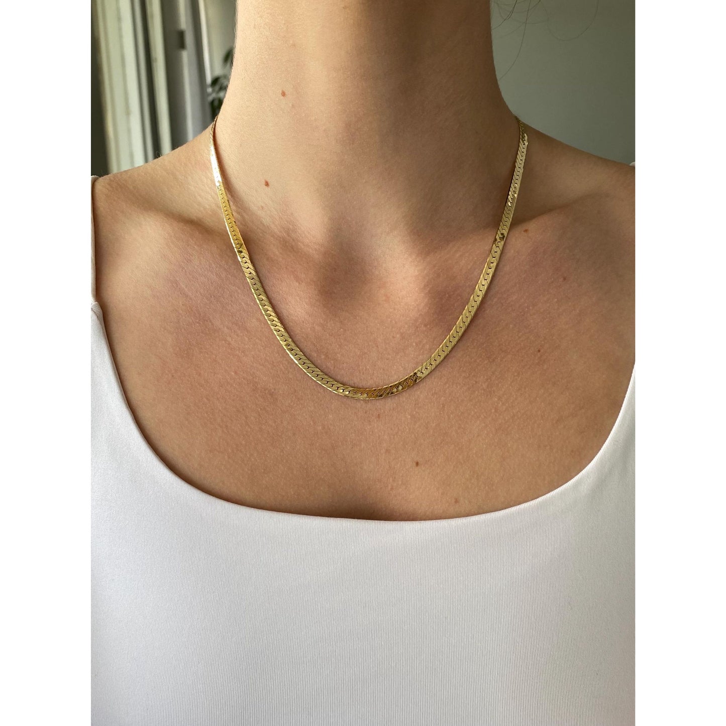 Vintage Solid 14k Yellow Gold Chunky Herringbone Chain Necklace - 18.5 inches