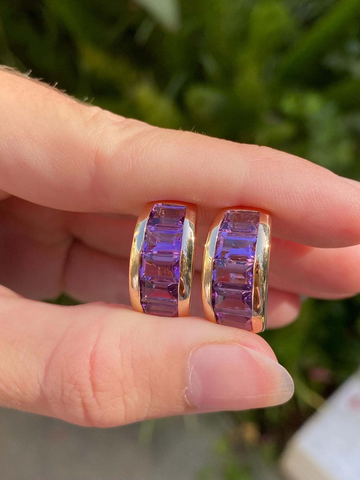 Solid 14k Yellow Gold Amethyst Half Hoop Drop Stud Earrings