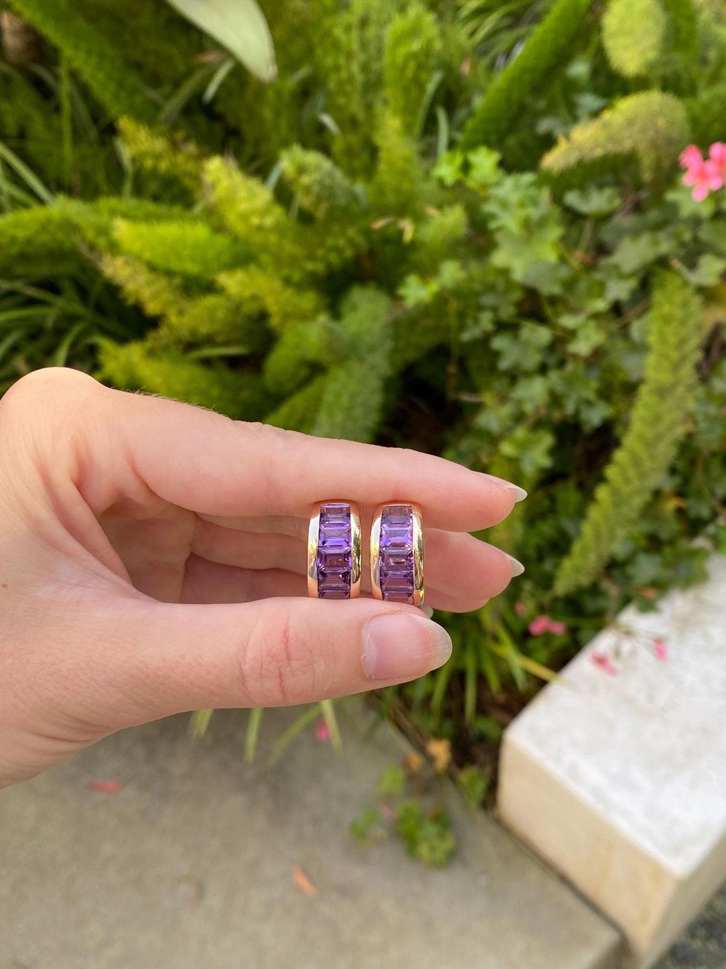 Solid 14k Yellow Gold Amethyst Half Hoop Drop Stud Earrings