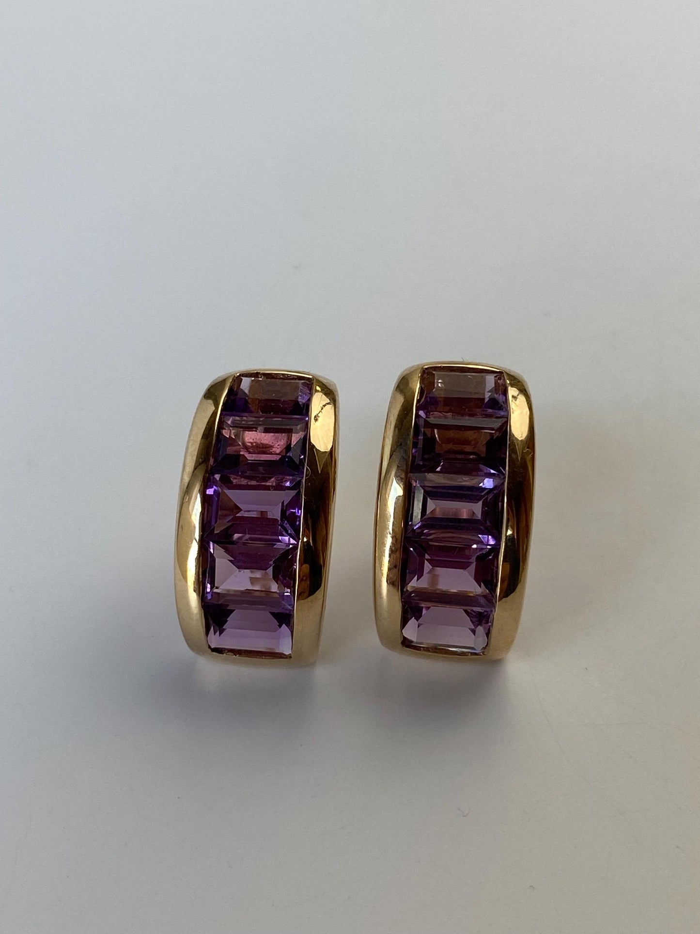 Solid 14k Yellow Gold Amethyst Half Hoop Drop Stud Earrings