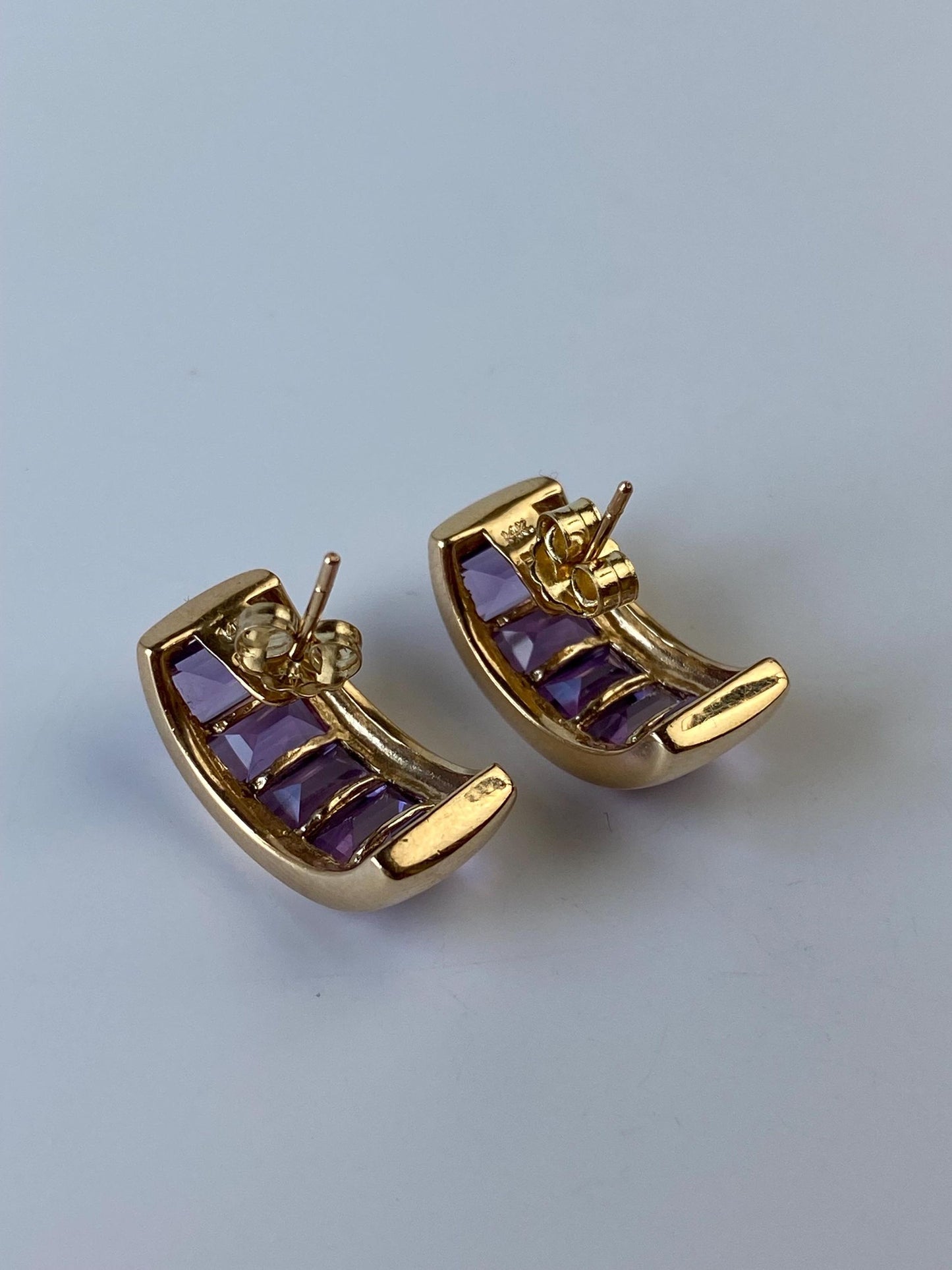Solid 14k Yellow Gold Amethyst Half Hoop Drop Stud Earrings
