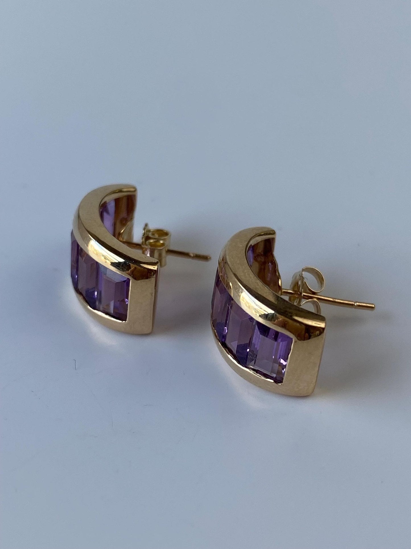 Solid 14k Yellow Gold Amethyst Half Hoop Drop Stud Earrings