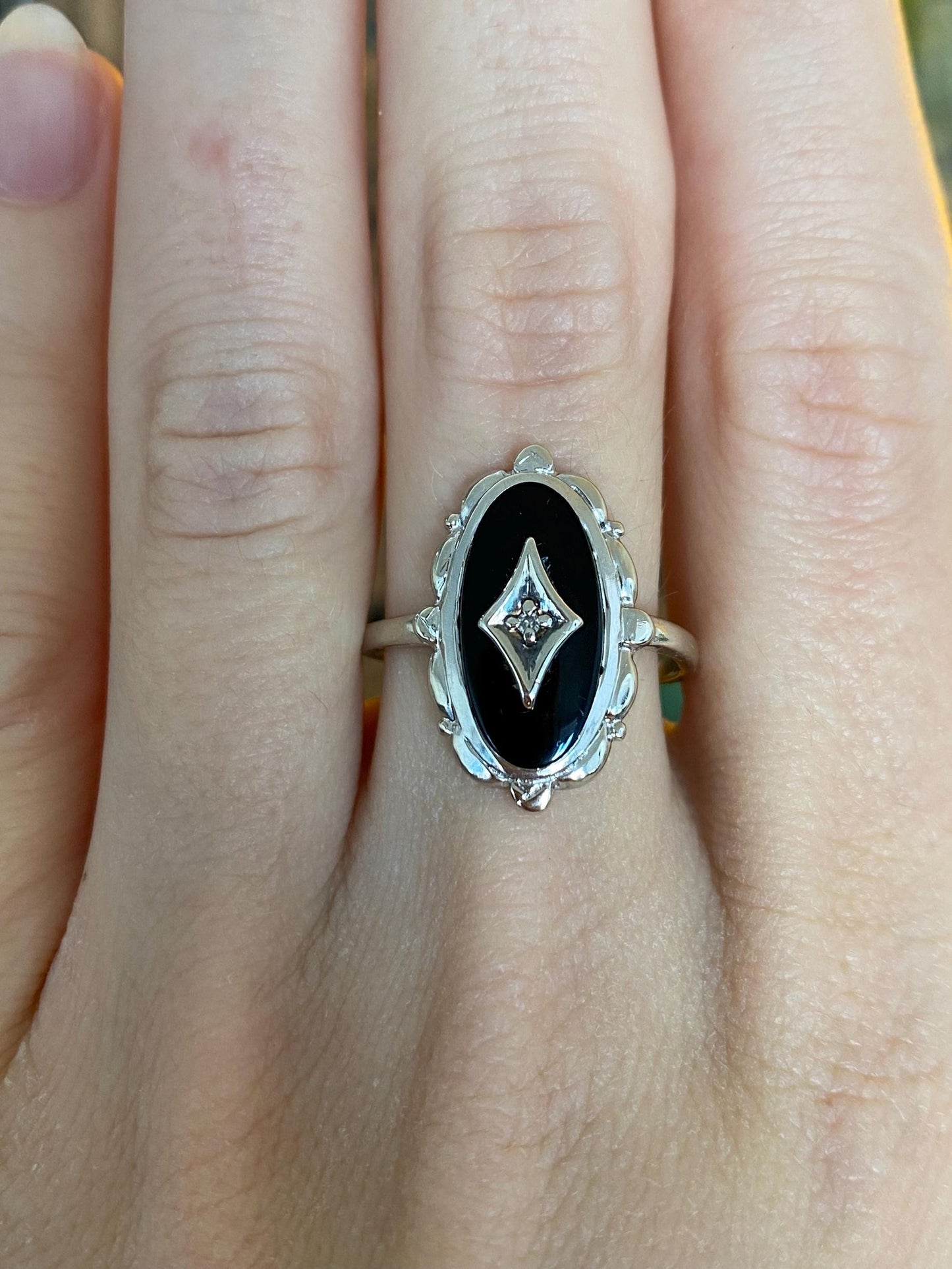 Vintage Solid 10k White Gold Onyx Diamond Ring - Size 8