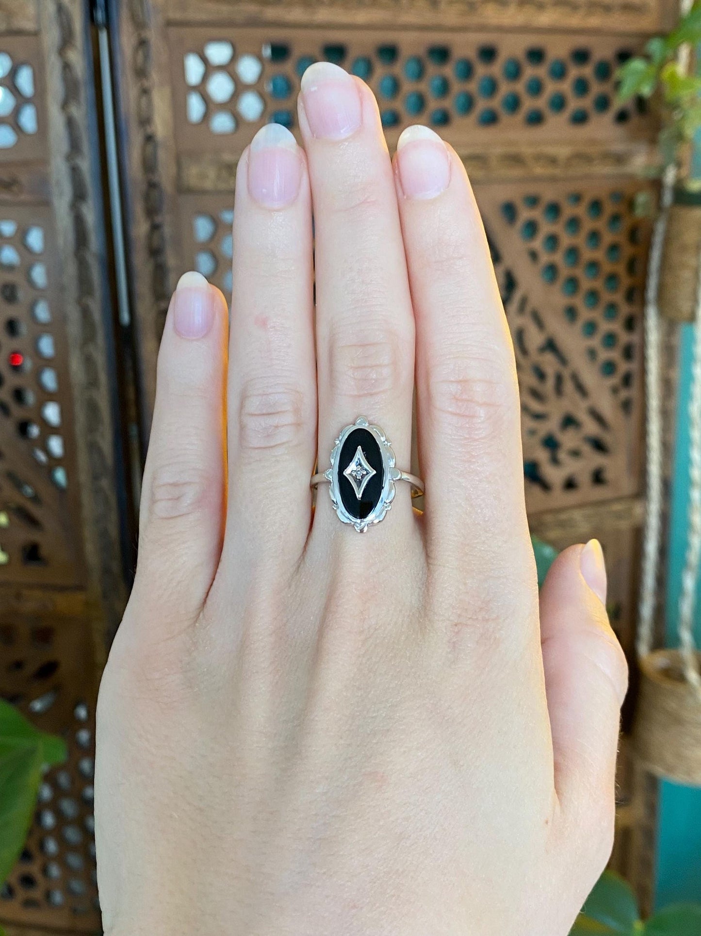 Vintage Solid 10k White Gold Onyx Diamond Ring - Size 8