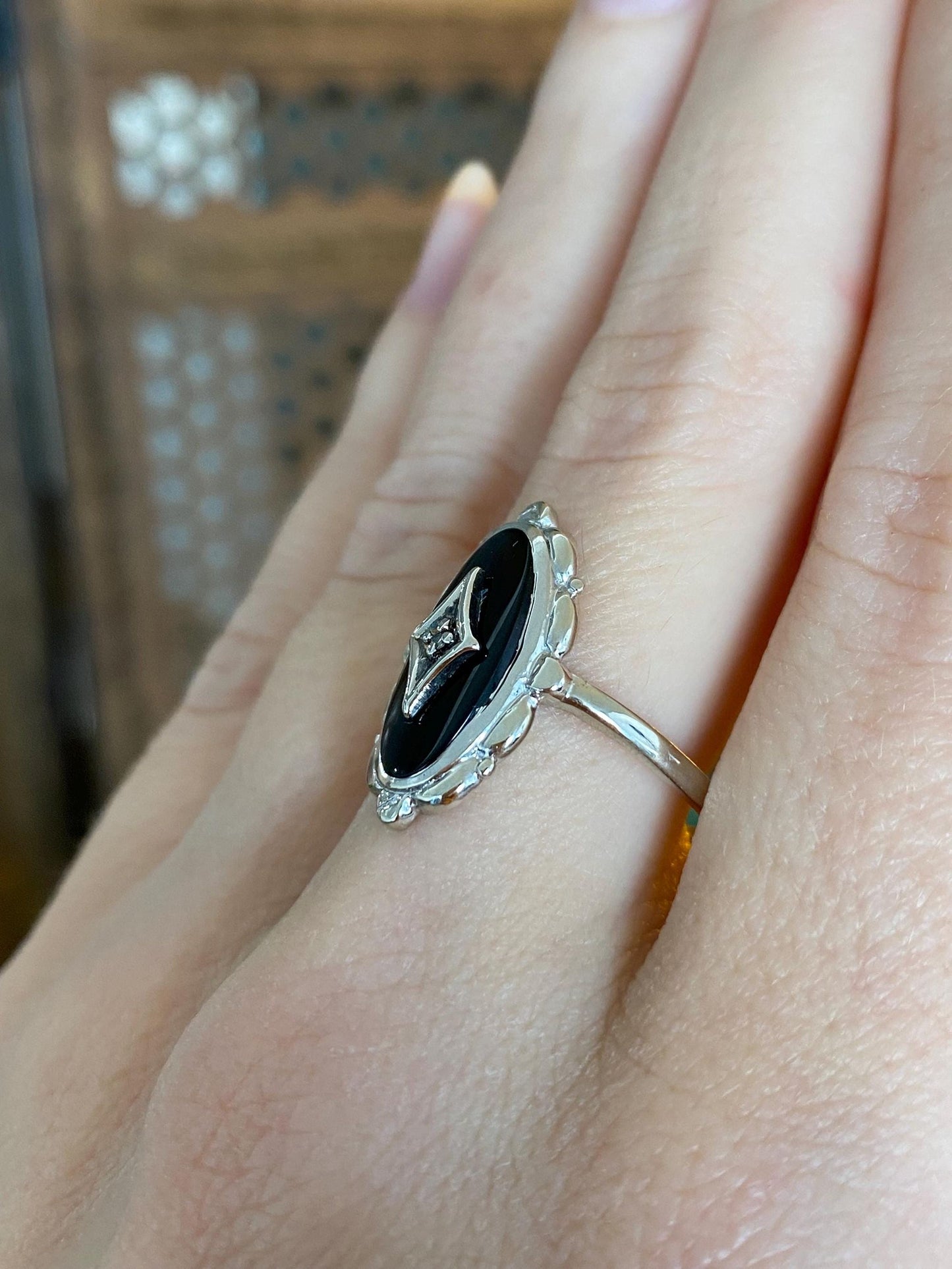 Vintage Solid 10k White Gold Onyx Diamond Ring - Size 8