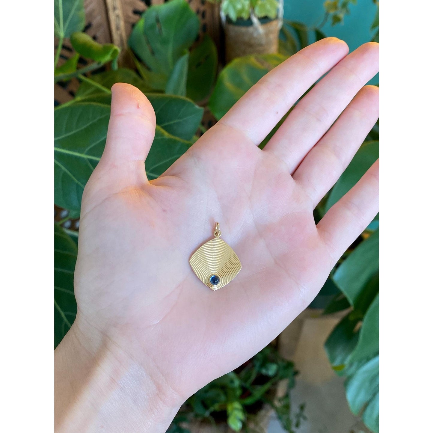 Vintage Solid 14k Yellow Gold Sapphire Cabochon Textured Cufflink Conversion Charm