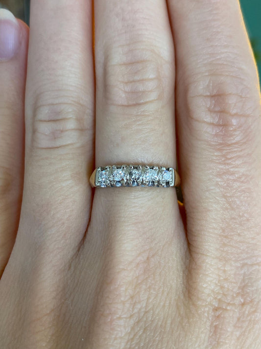 Vintage Solid 14k White & Yellow Gold Diamond Ring Band - Size 6