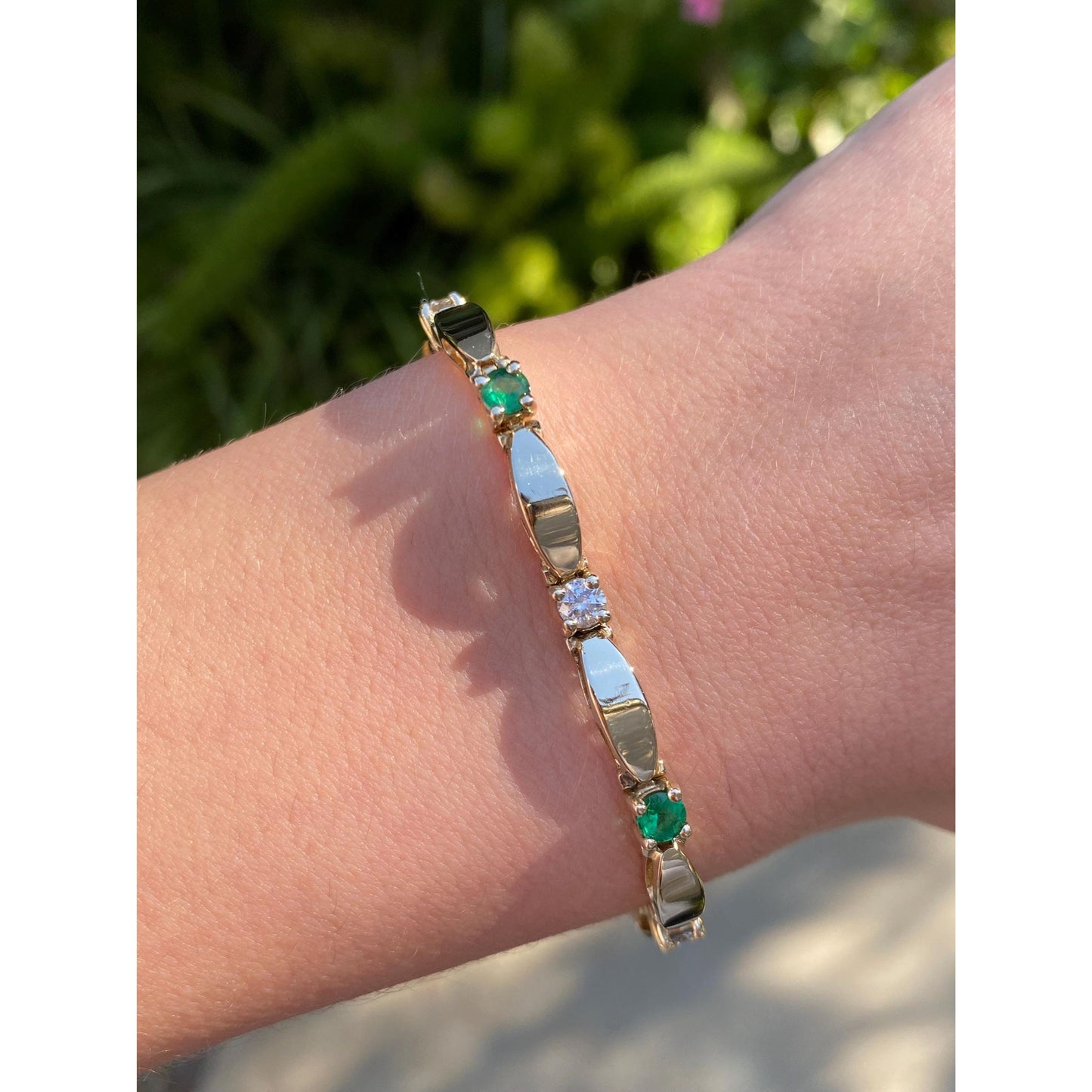 Solid 14k Yellow Gold Emerald & Diamond Line Bracelet - 7 inches