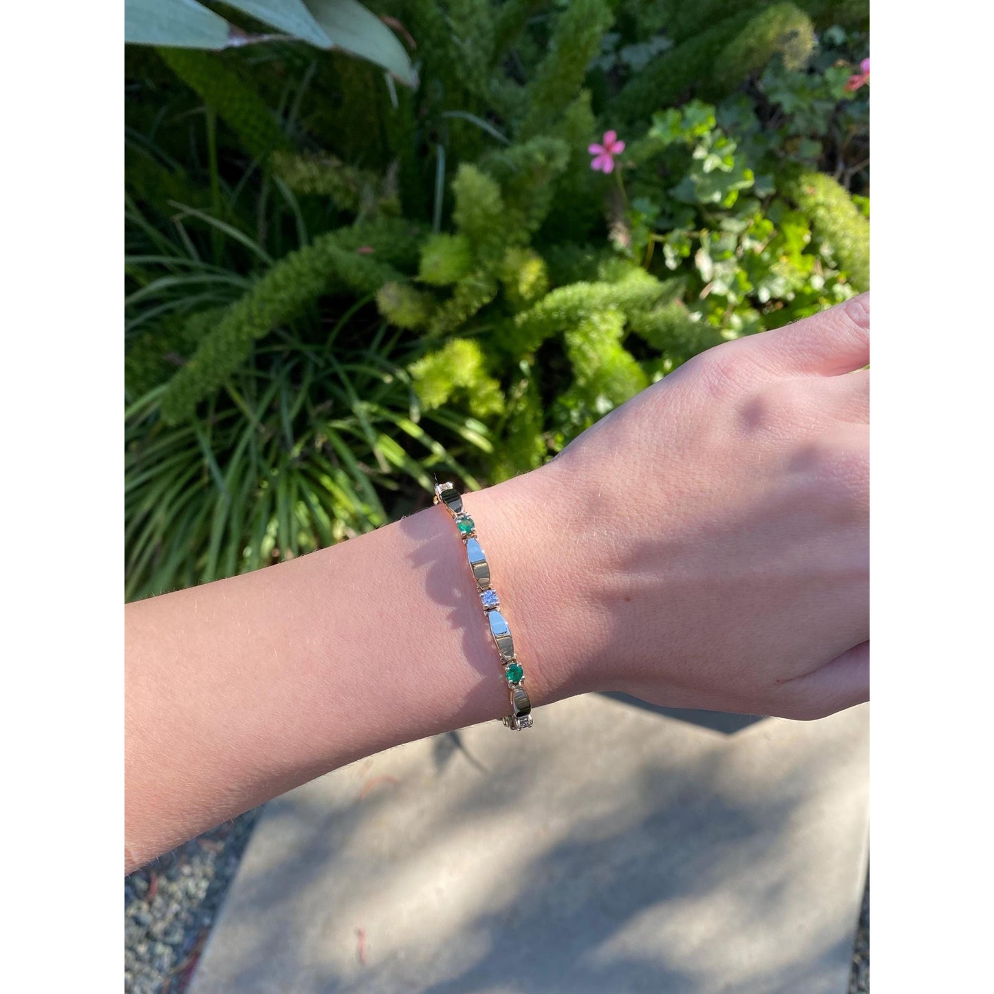 Solid 14k Yellow Gold Emerald & Diamond Line Bracelet - 7 inches