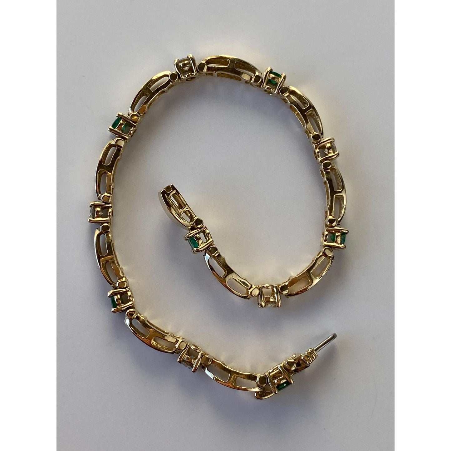 Solid 14k Yellow Gold Emerald & Diamond Line Bracelet - 7 inches