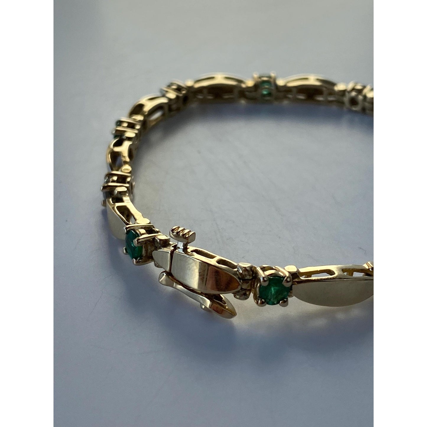 Solid 14k Yellow Gold Emerald & Diamond Line Bracelet - 7 inches