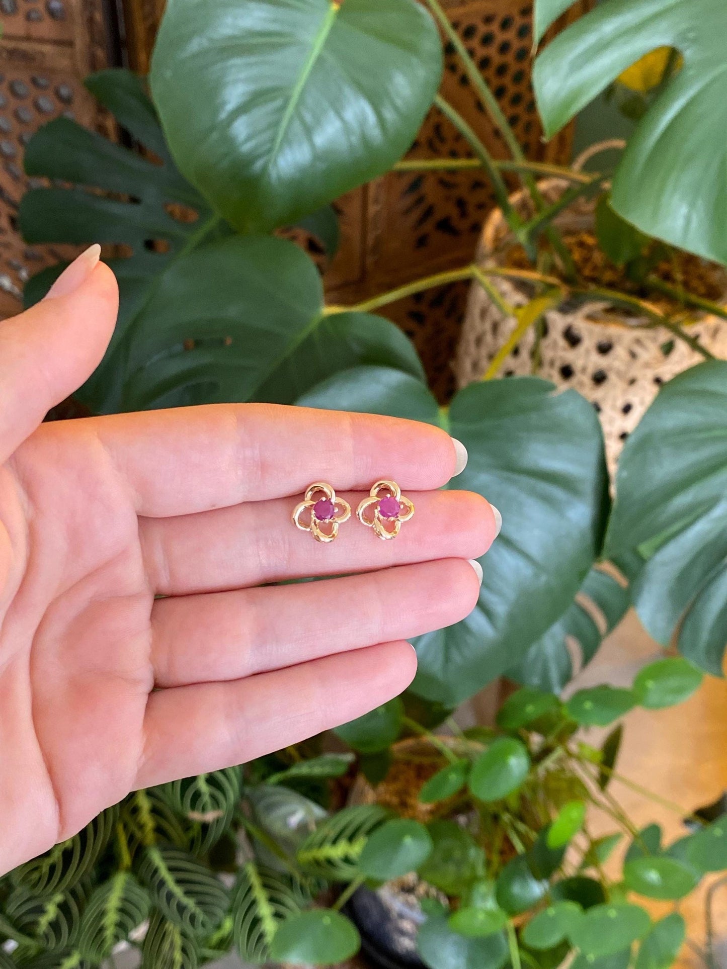 Vintage Solid 14k Yellow Gold Ruby Stud Earrings
