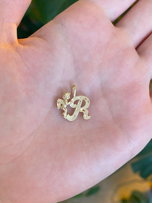 Vintage Solid 10k Yellow Gold Diamond Cut Angel Initial 'R' Charm