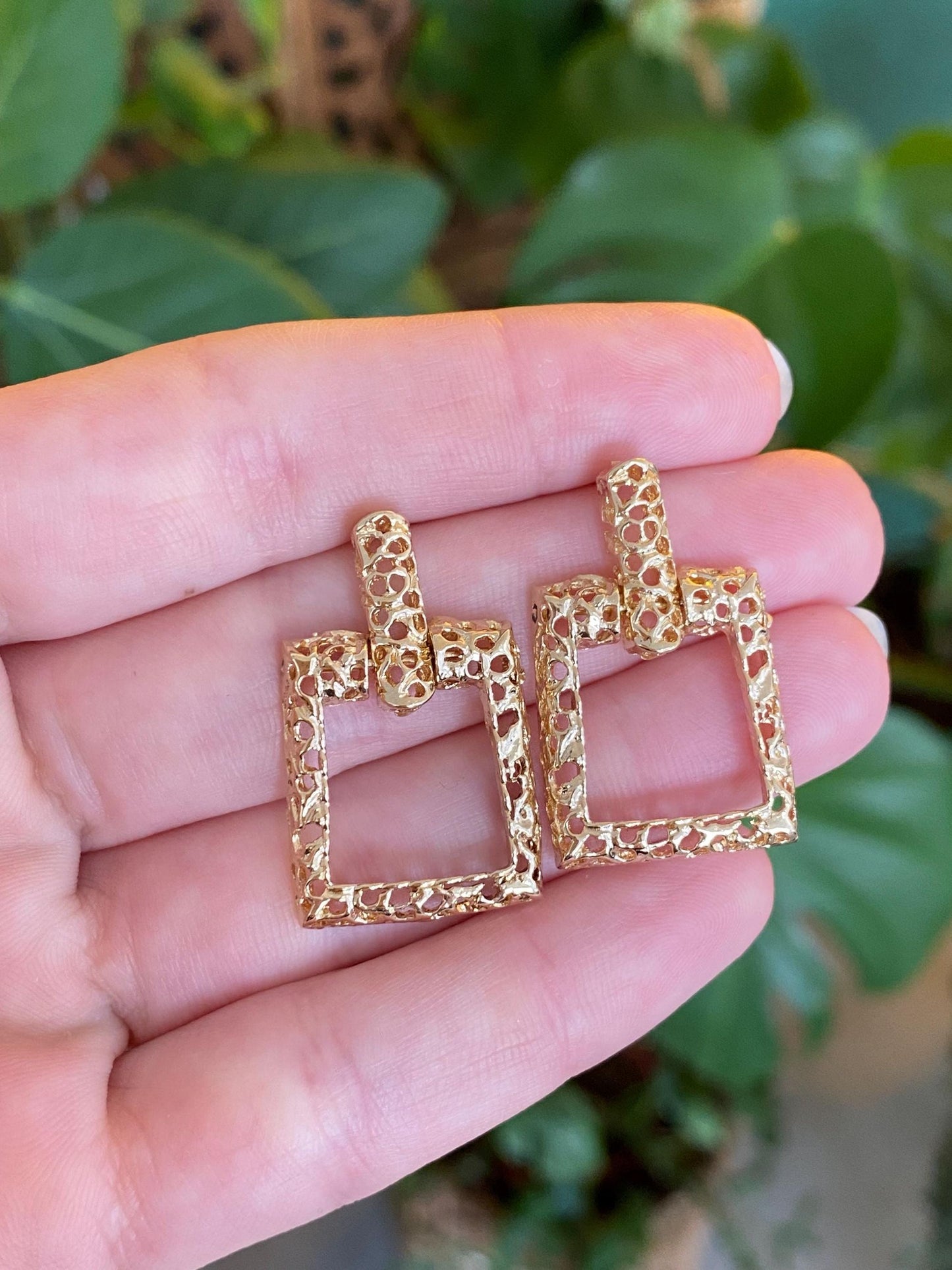 Vintage Solid 14k Yellow Gold Open Work Square Dangle Stud Earrings