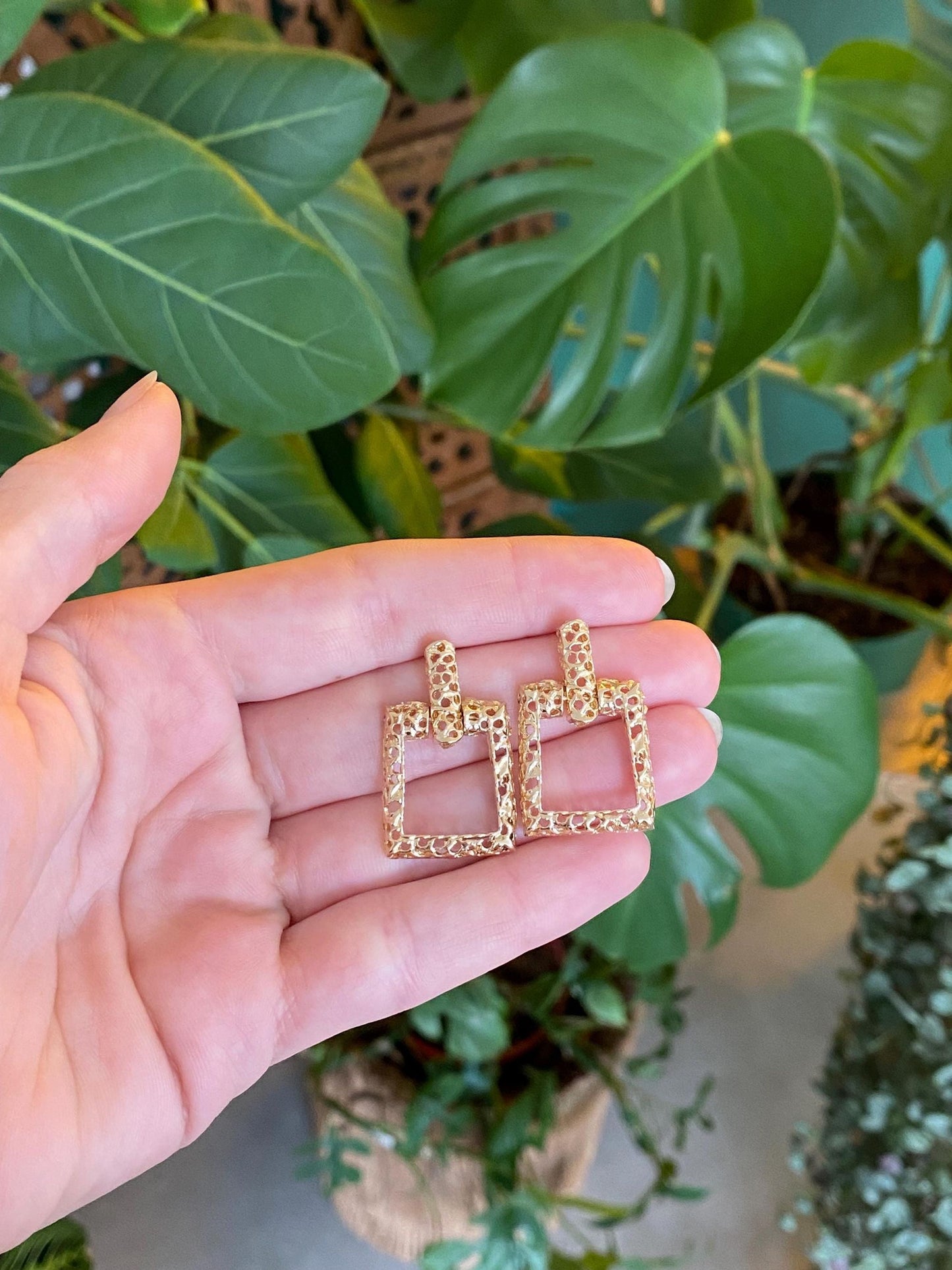 Vintage Solid 14k Yellow Gold Open Work Square Dangle Stud Earrings