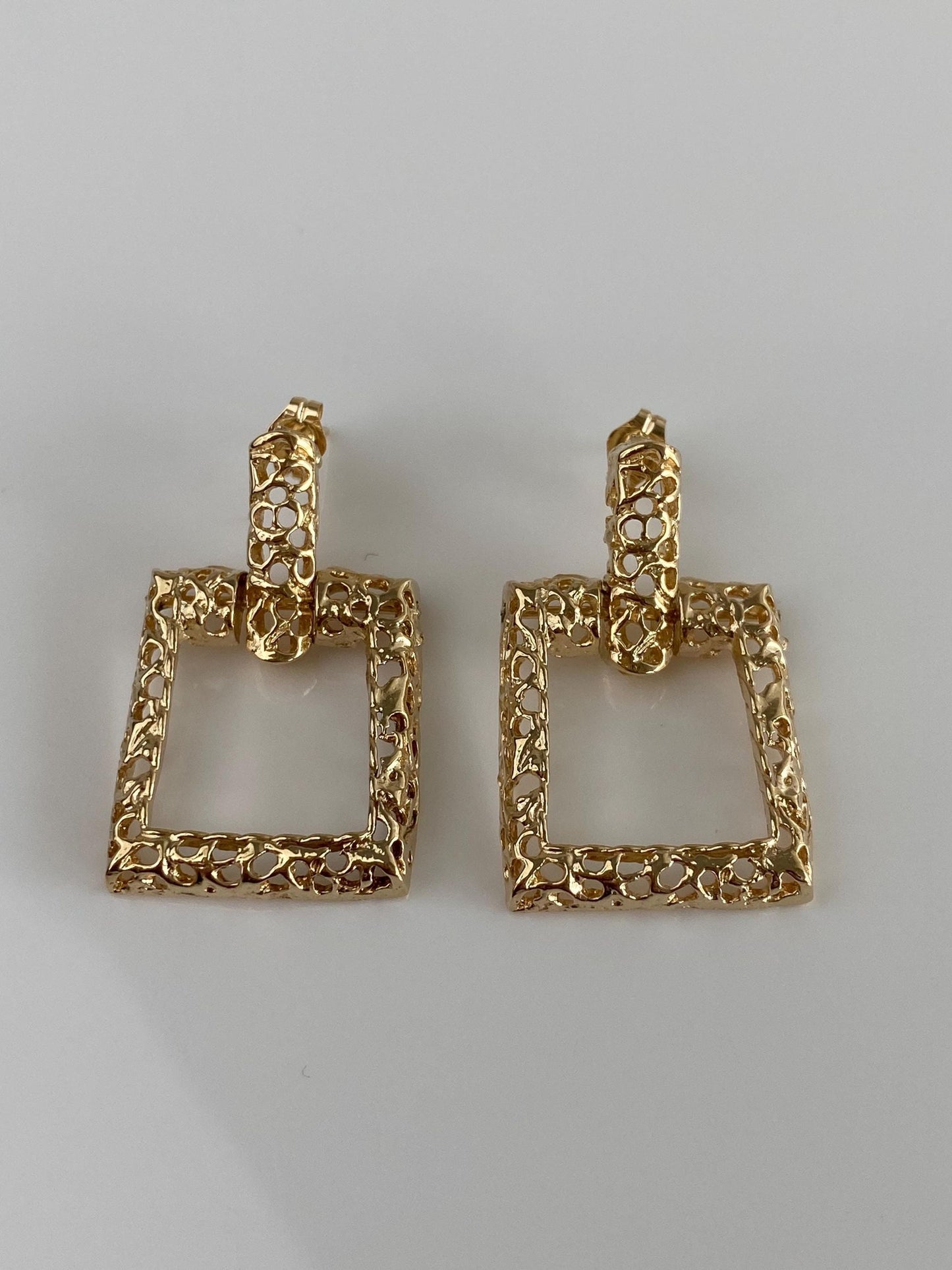 Vintage Solid 14k Yellow Gold Open Work Square Dangle Stud Earrings