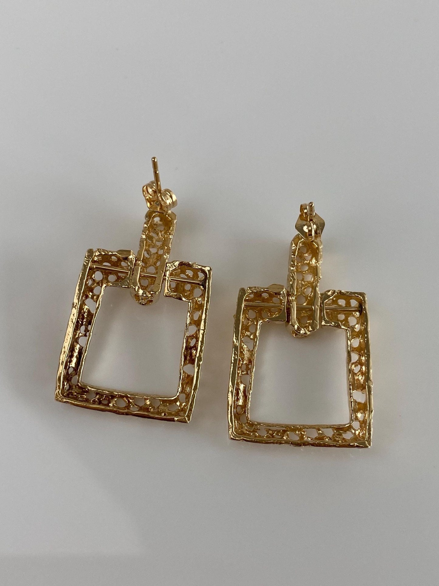 Vintage Solid 14k Yellow Gold Open Work Square Dangle Stud Earrings