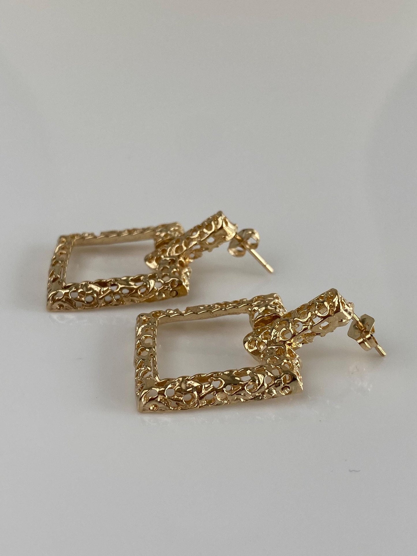 Vintage Solid 14k Yellow Gold Open Work Square Dangle Stud Earrings