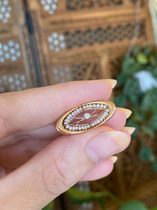 Vintage Solid 10k Rosey Gold Diamond Seed Pearls Pin