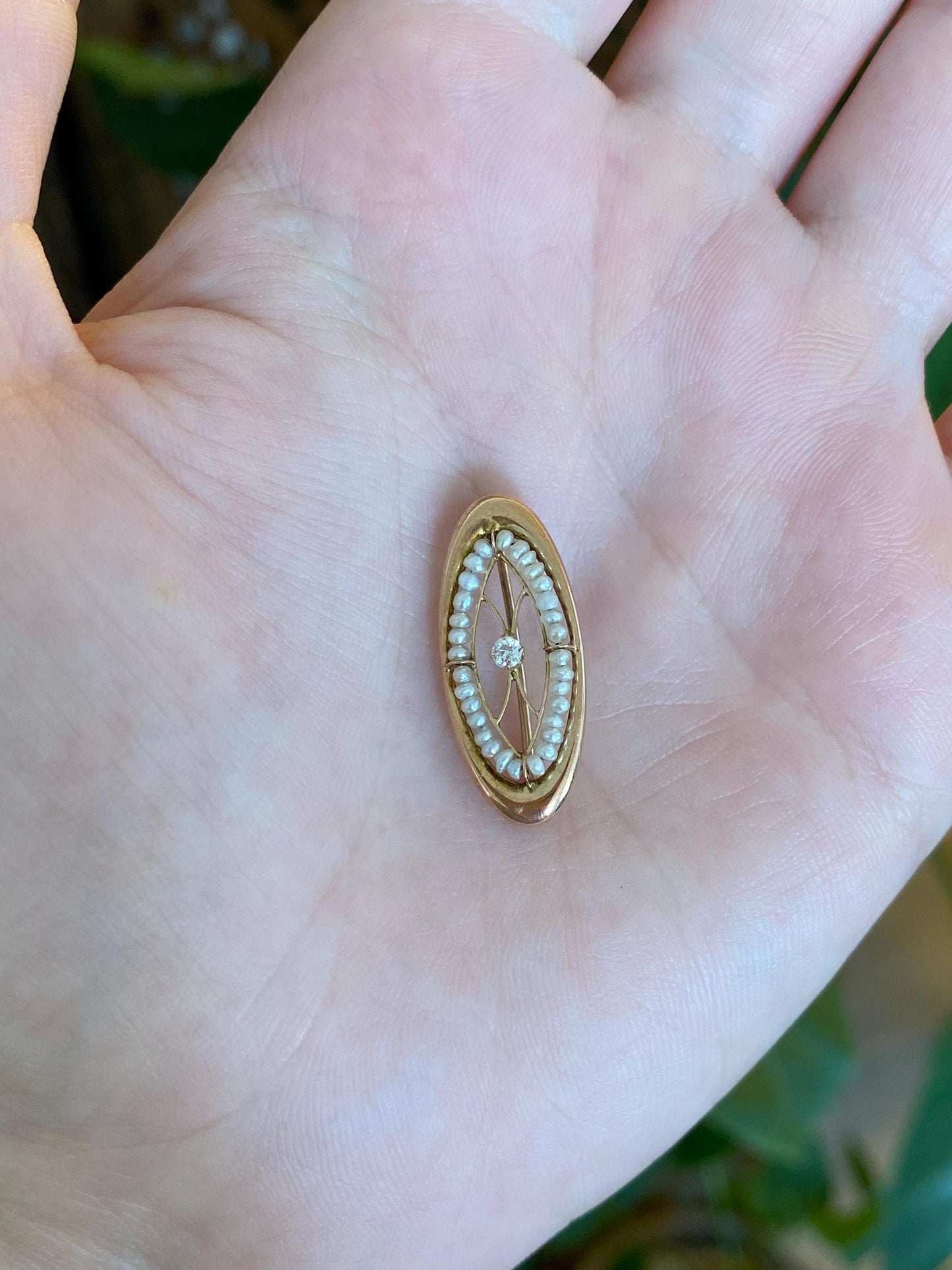 Vintage Solid 10k Rosey Gold Diamond Seed Pearls Pin