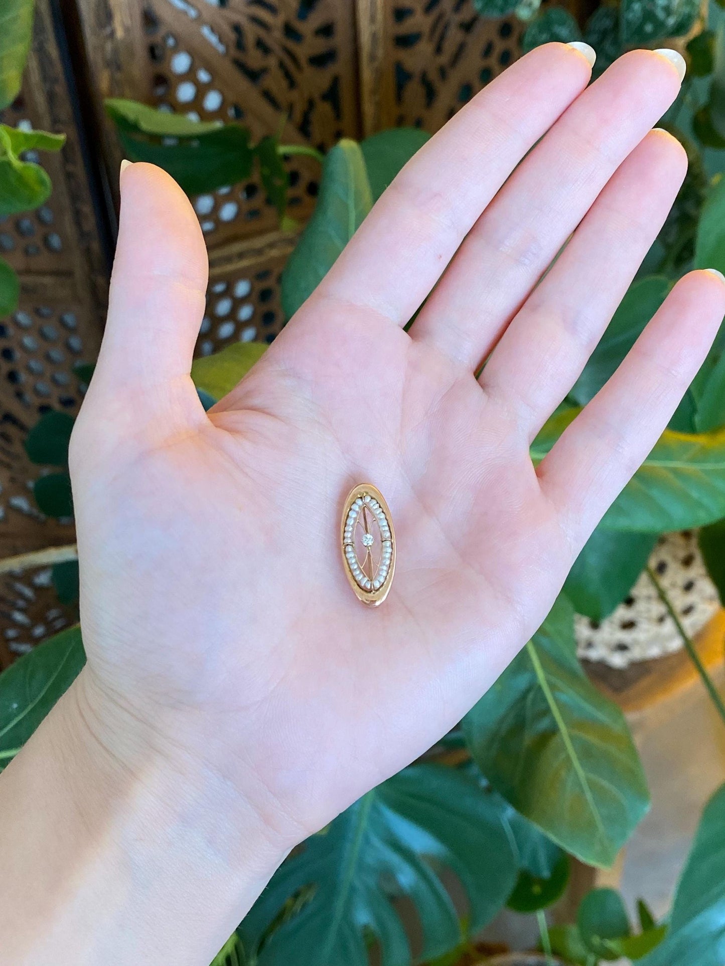 Vintage Solid 10k Rosey Gold Diamond Seed Pearls Pin