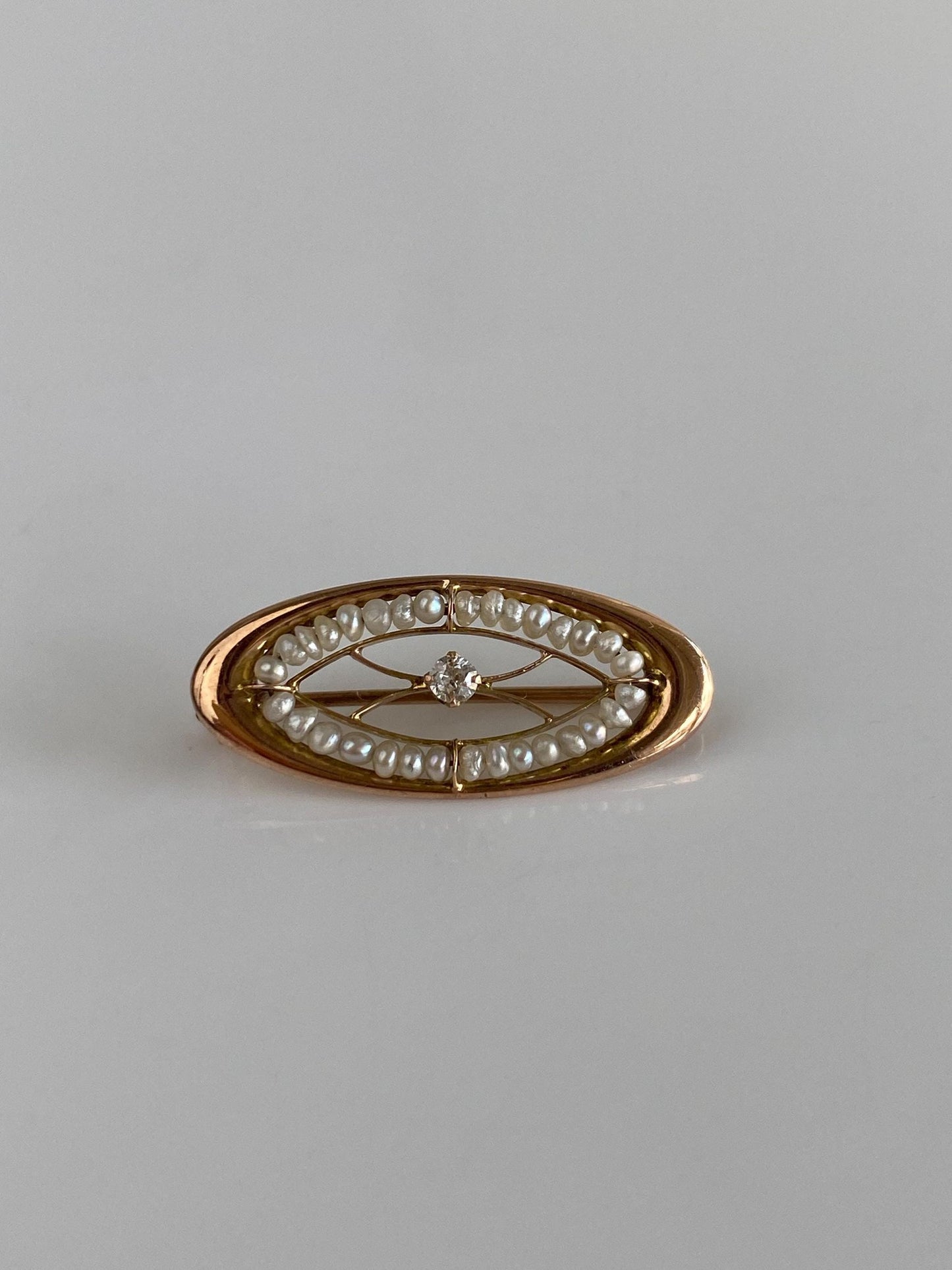 Vintage Solid 10k Rosey Gold Diamond Seed Pearls Pin