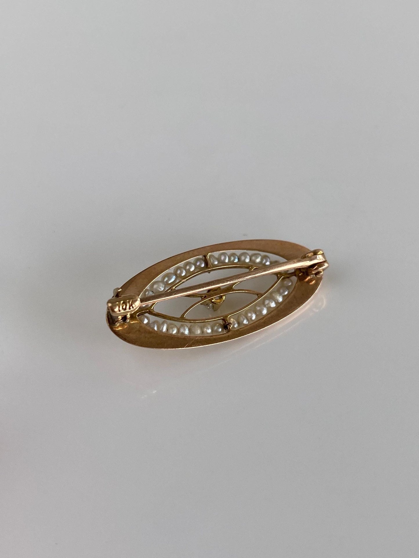 Vintage Solid 10k Rosey Gold Diamond Seed Pearls Pin