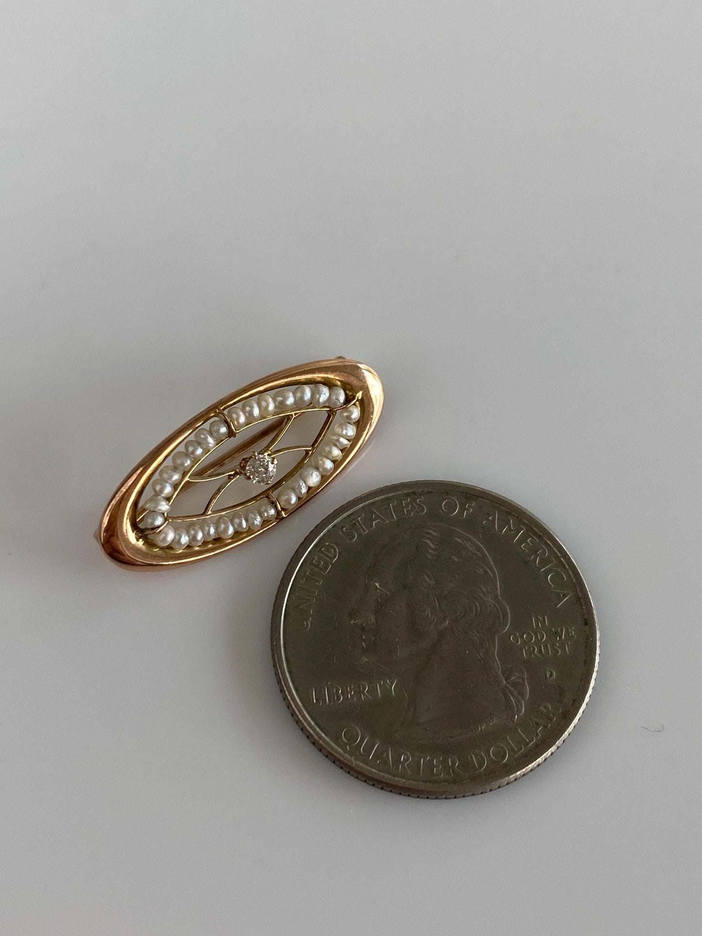 Vintage Solid 10k Rosey Gold Diamond Seed Pearls Pin