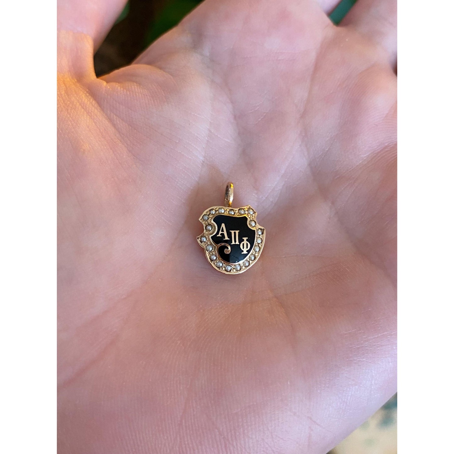 Vintage Solid 14k Yellow Gold Seed Pearl Black Enamel Fraternity Charm