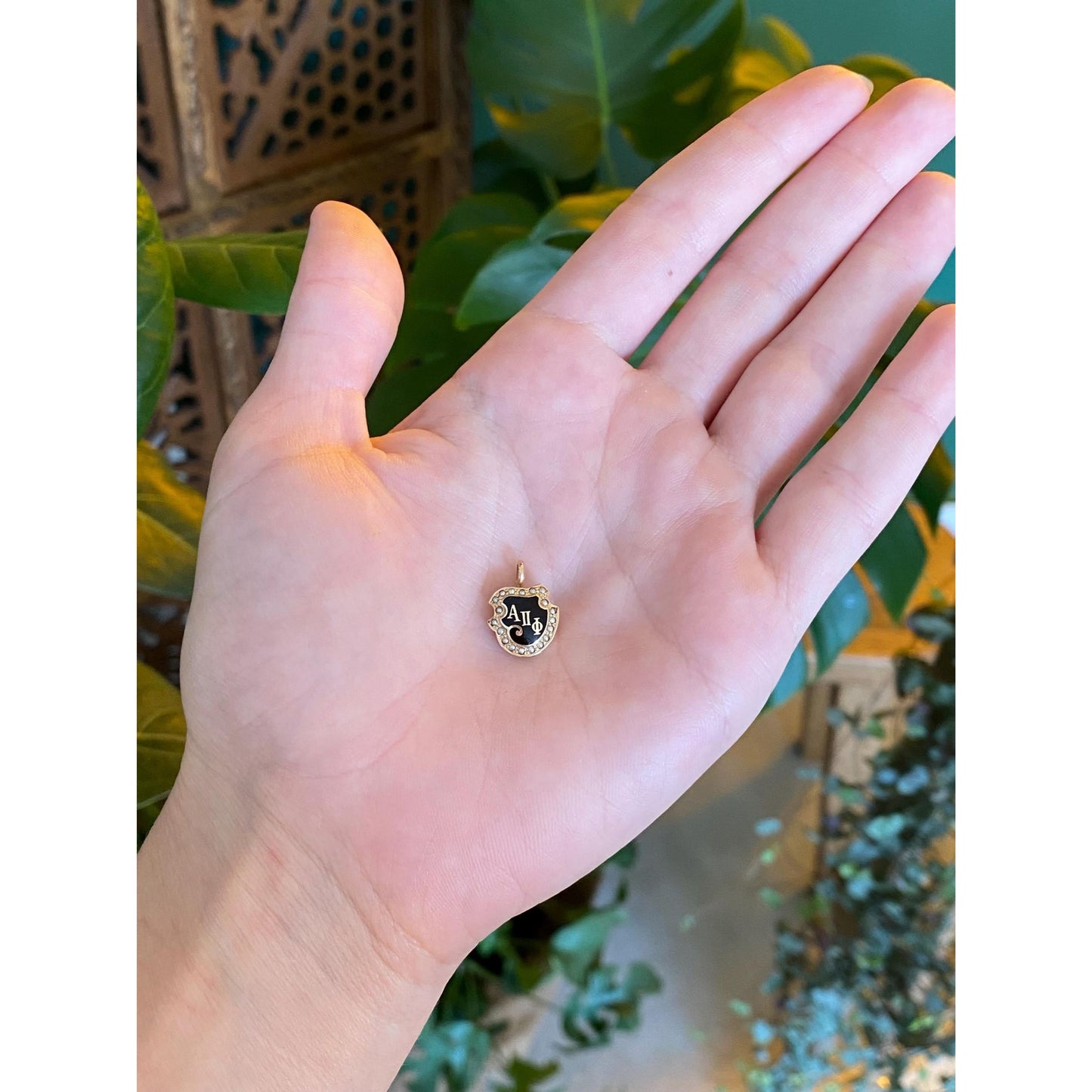 Vintage Solid 14k Yellow Gold Seed Pearl Black Enamel Fraternity Charm