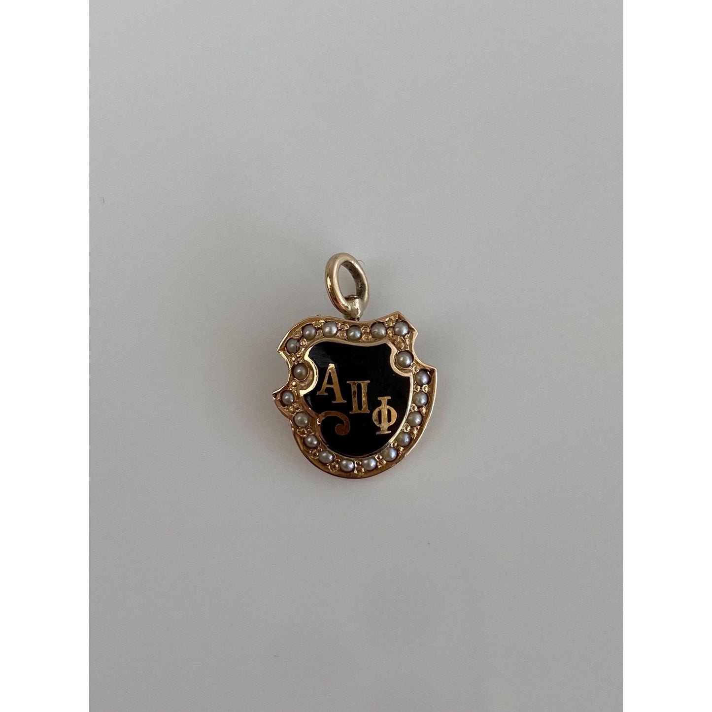 Vintage Solid 14k Yellow Gold Seed Pearl Black Enamel Fraternity Charm
