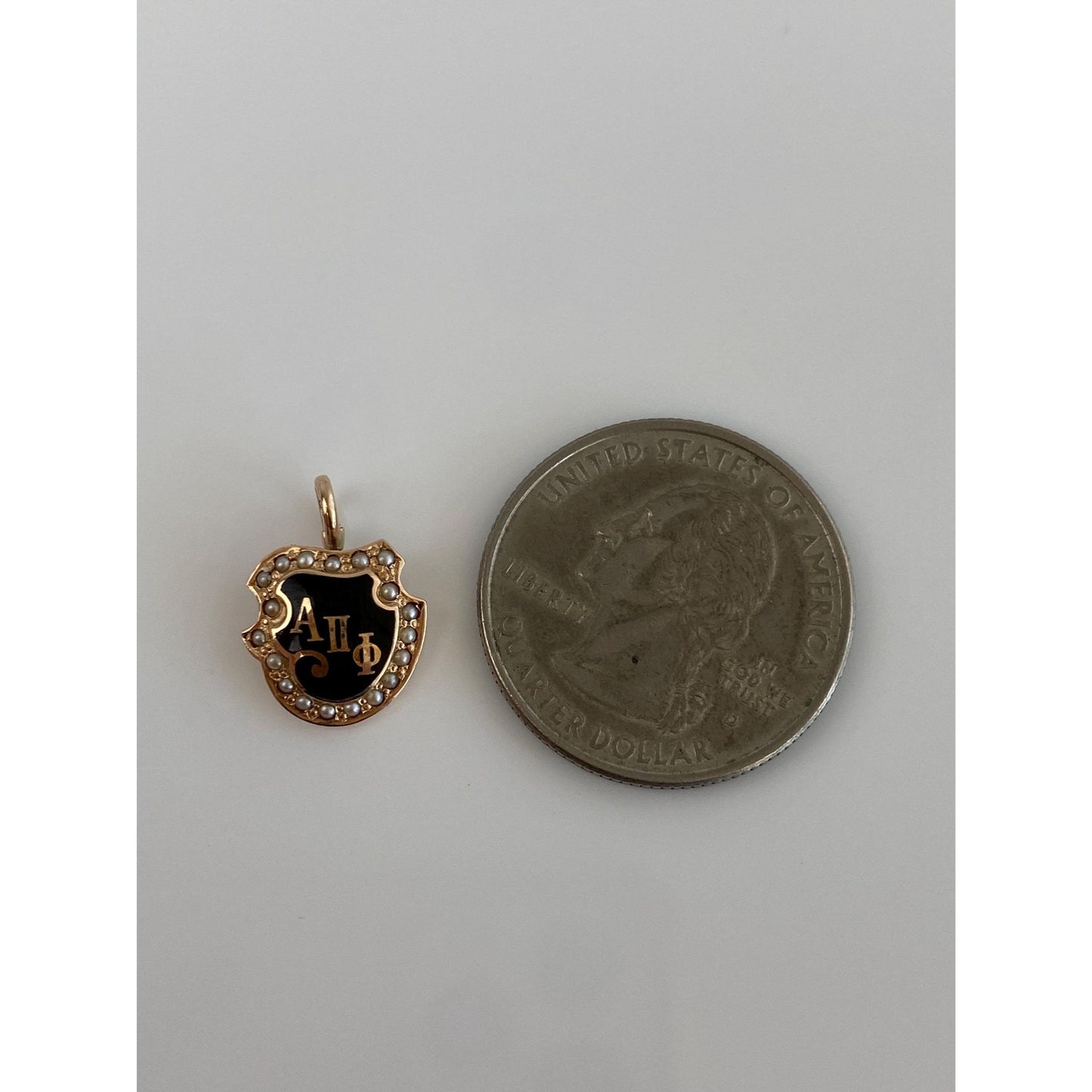 Vintage Solid 14k Yellow Gold Seed Pearl Black Enamel Fraternity Charm