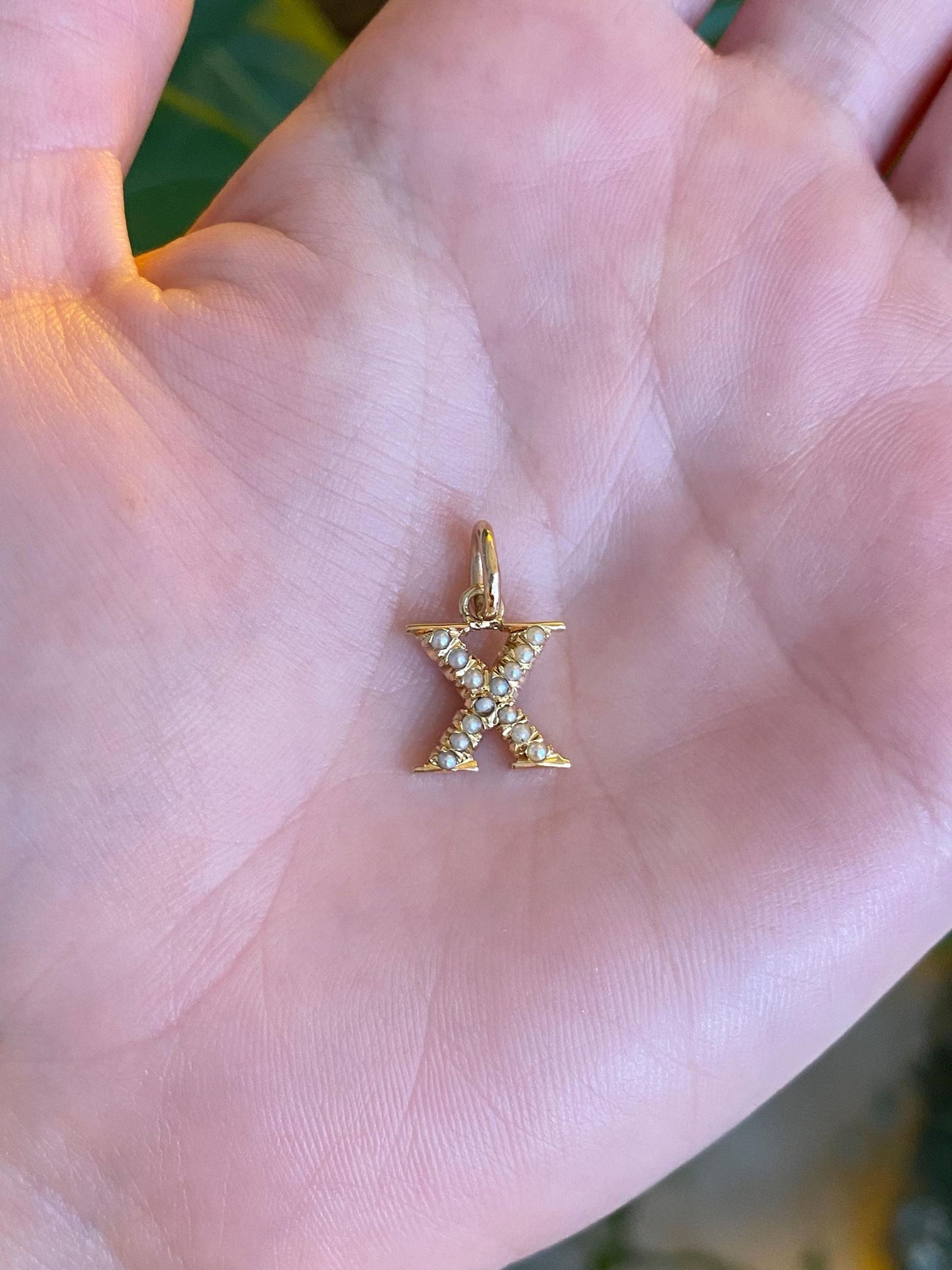Vintage Solid 14k Yellow Gold Seed Pearl Initial 'X' Charm