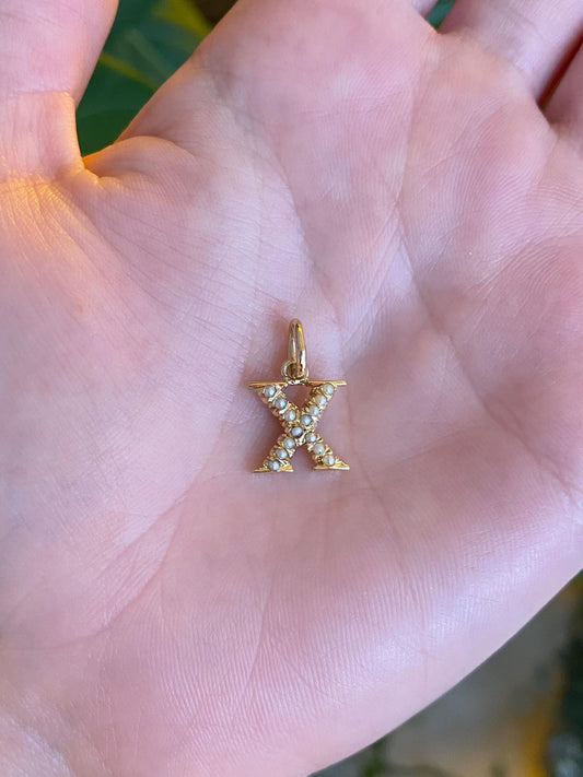 Vintage Solid 14k Yellow Gold Seed Pearl Initial 'X' Charm