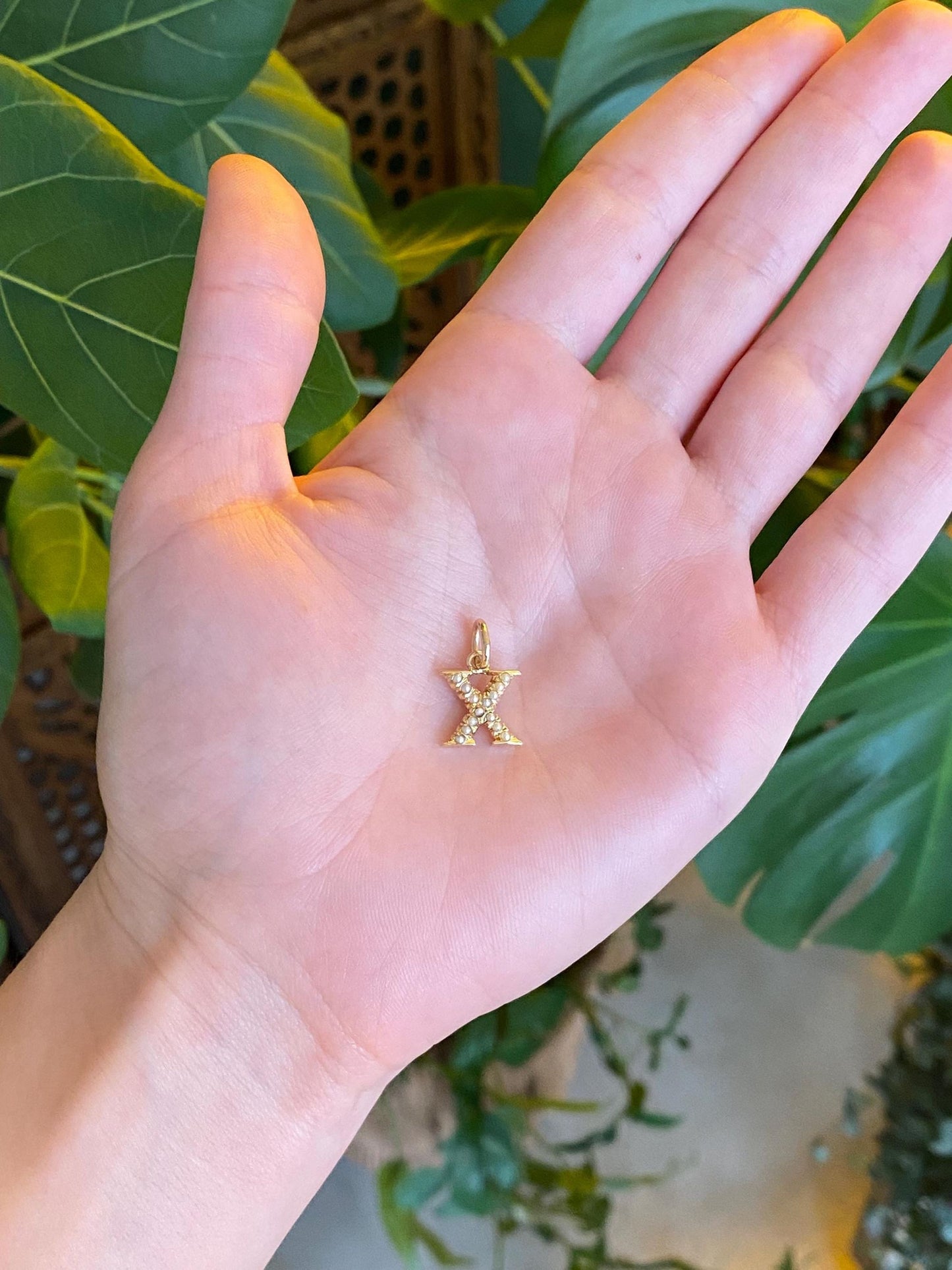Vintage Solid 14k Yellow Gold Seed Pearl Initial 'X' Charm